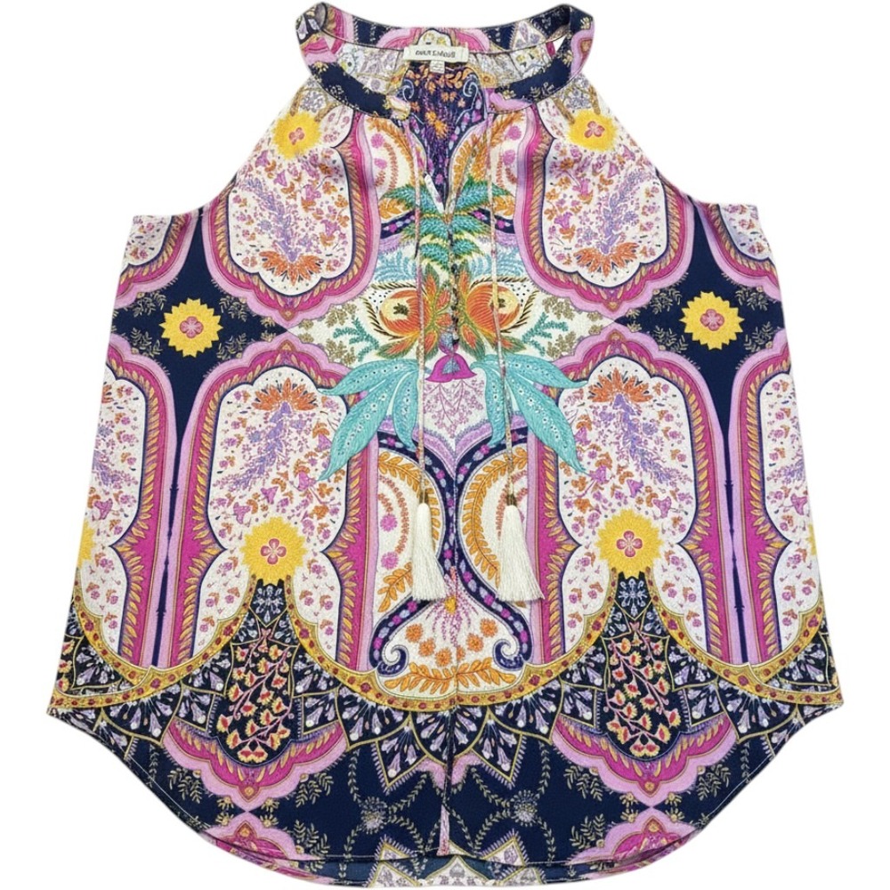 Rose + Olive Womens Boho Paisley Floral Tassel Halter Blouse Pink Blue Medium